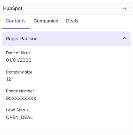 HubSpot interface showing contact profile; tabs for Contacts, Companies, Deals; details include birth date and lead status.