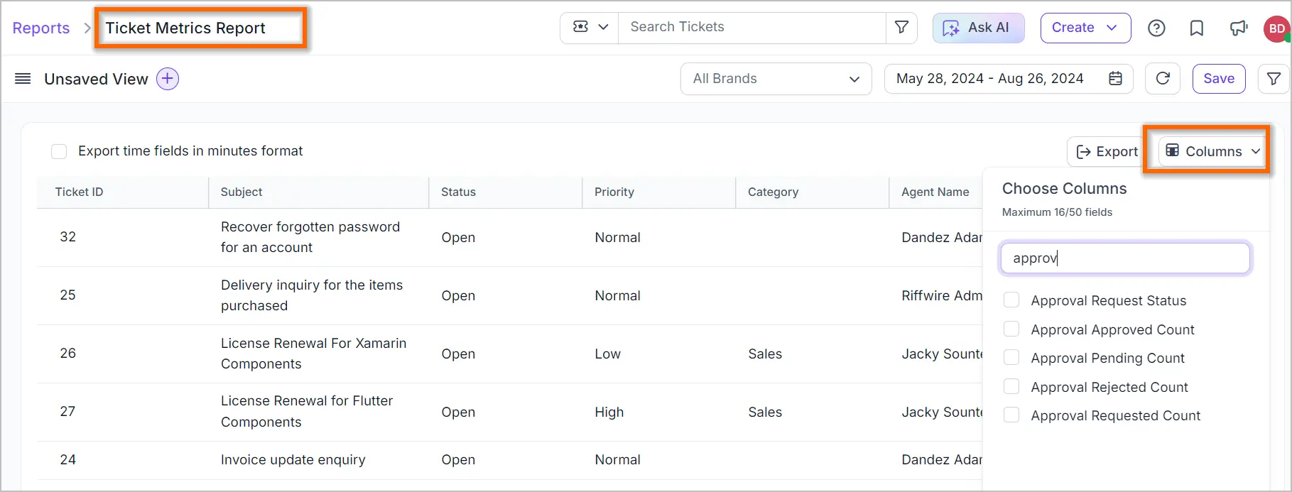 Screenshot of ticket metrics dashboard; table lists status, priority, category; export and column settings options shown.