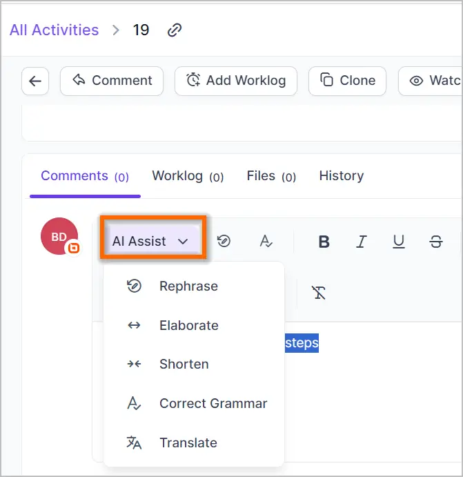 Interface with orange-highlighted 'AI Assist' dropdown; options include Rephrase, Elaborate, Shorten, and Translate.