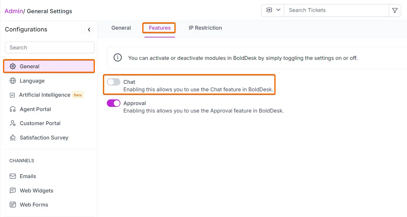 BoldDesk general settings UI with “Features” tab selected; Chat and Approval options shown, Approval setting is enabled.