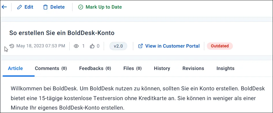 Screenshot of BoldDesk signup guide page titled “So erstellen Sie ein BoldDesk-Konto” with tabs, comments, and feedback.