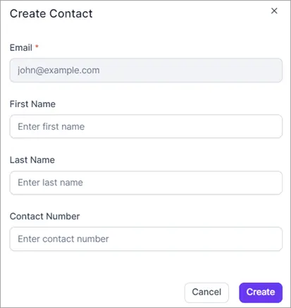 Create Contact form with fields for email, first name, last name, contact number; 'Cancel' and 'Create' buttons below.