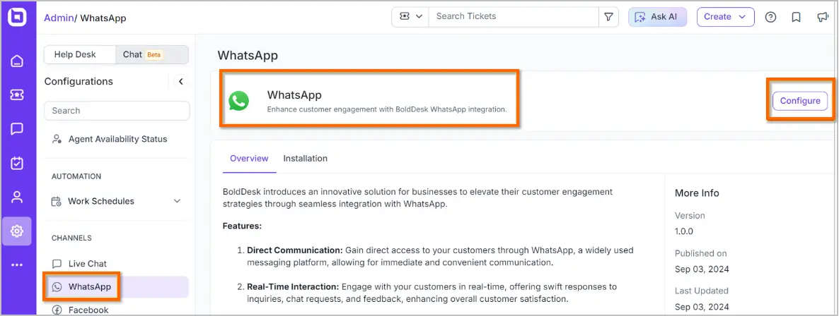 Dashboard UI in BoldDesk showing WhatsApp integration setup with configuration settings and version info tab visible.