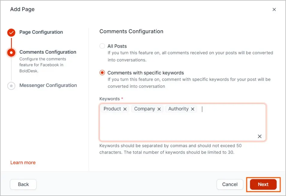 BoldDesk interface for Facebook comment settings; filters by keywords like 'Product'; orange 'Next' button is highlighted.