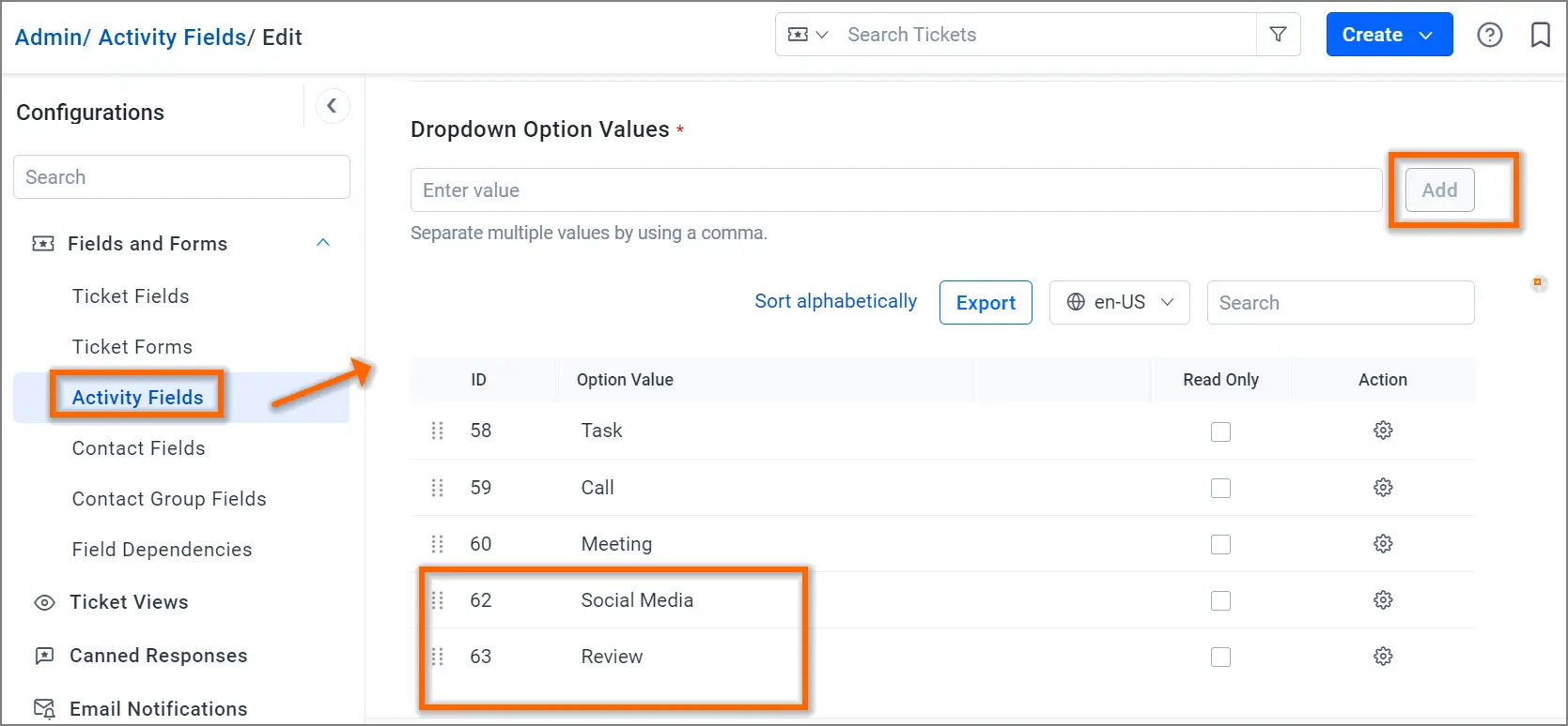 Admin interface with “Activity Fields” in focus; dropdown includes Social Media, Review; Add and Create buttons shown.