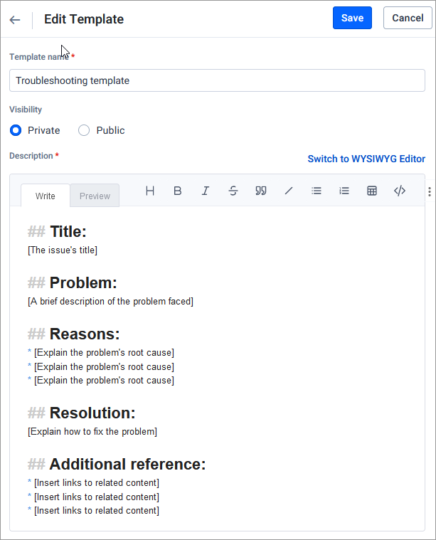 Template editor titled “Troubleshooting template” showing fields for Title, Problem, Reasons, Resolution, and Reference.