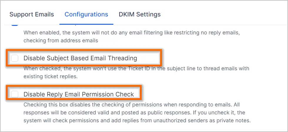 Configuration menu with options to disable email threading and reply permission check, both highlighted in orange boxes.