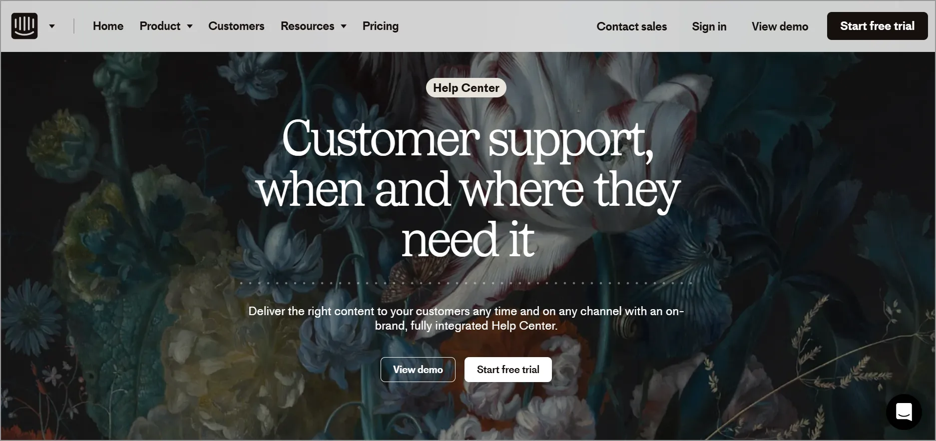 Website homepage featuring floral design, bold support text, buttons for demo and trial, and menu with product options