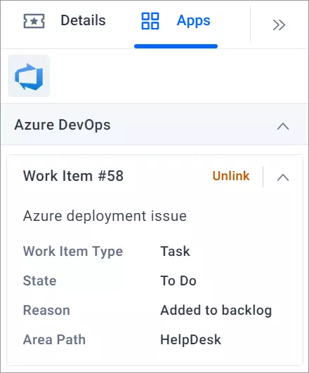 Azure DevOps Work Item #58 for Azure deployment; task in 'To Do' state, reason 'Added to backlog', under HelpDesk team.