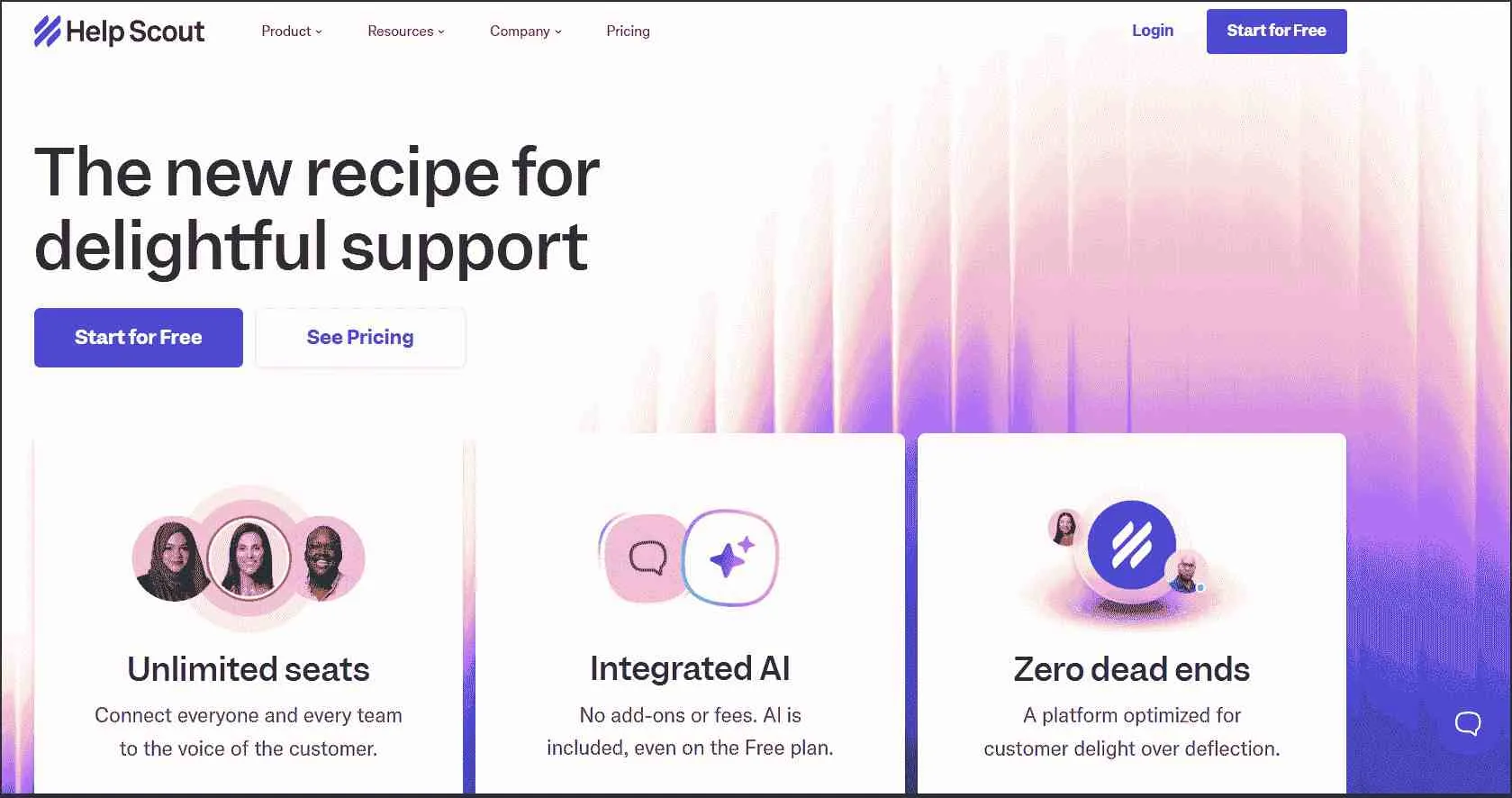 Help Scout homepage: The new recipe for delightful support. Friendly tone with 'Try for free' and 'Get a Demo' buttons.