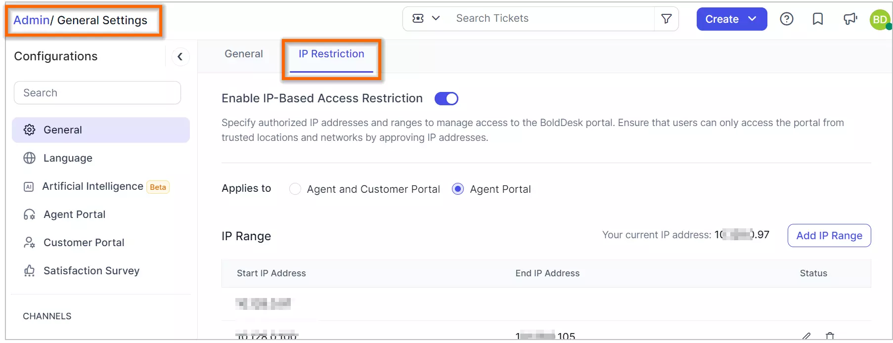 Admin settings screen with IP Restriction controls, IP range fields, and toggles for agent and customer portal access.