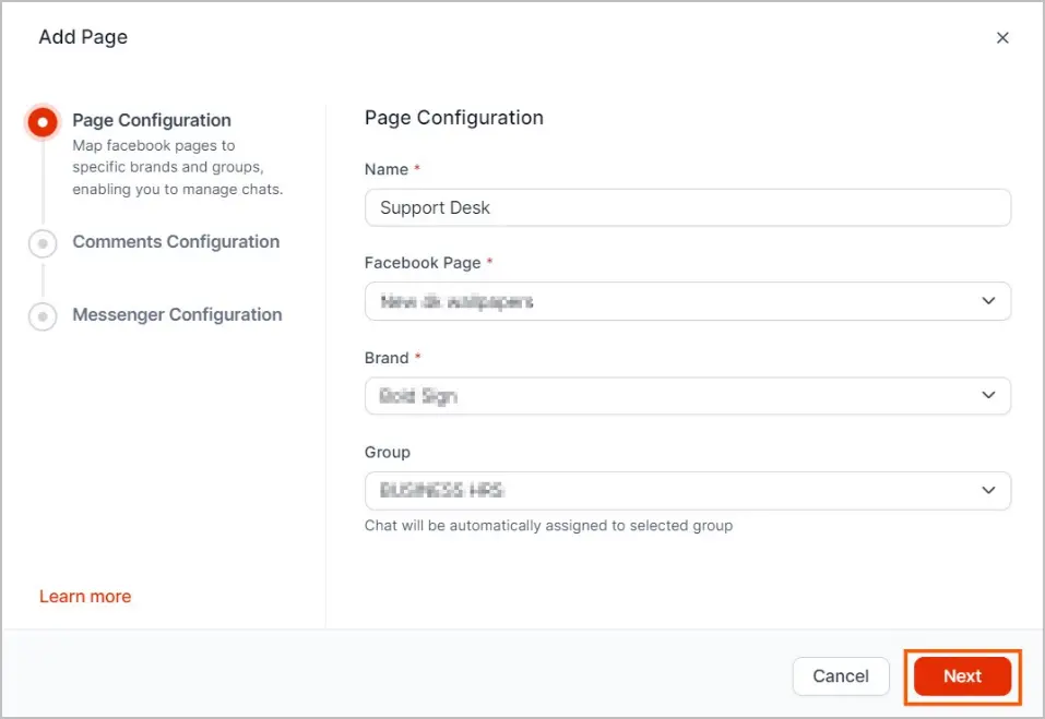 Page Configuration window for adding Facebook page; fields for Name, Page, Brand, Group; “Next” button highlighted.