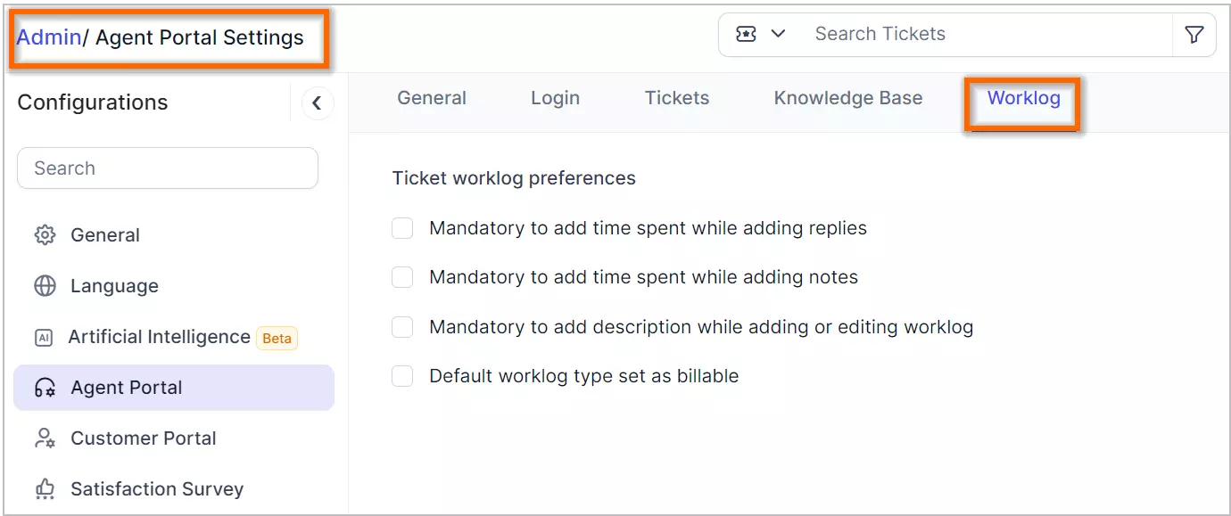 Agent Portal Settings screen highlighting Worklog tab; includes options for time tracking and entry descriptions.