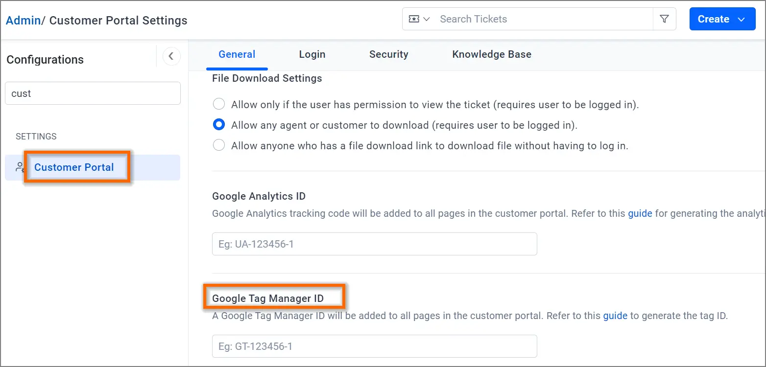 Admin interface with Customer Portal settings showing Google Analytics and Tag Manager ID fields for configuration.