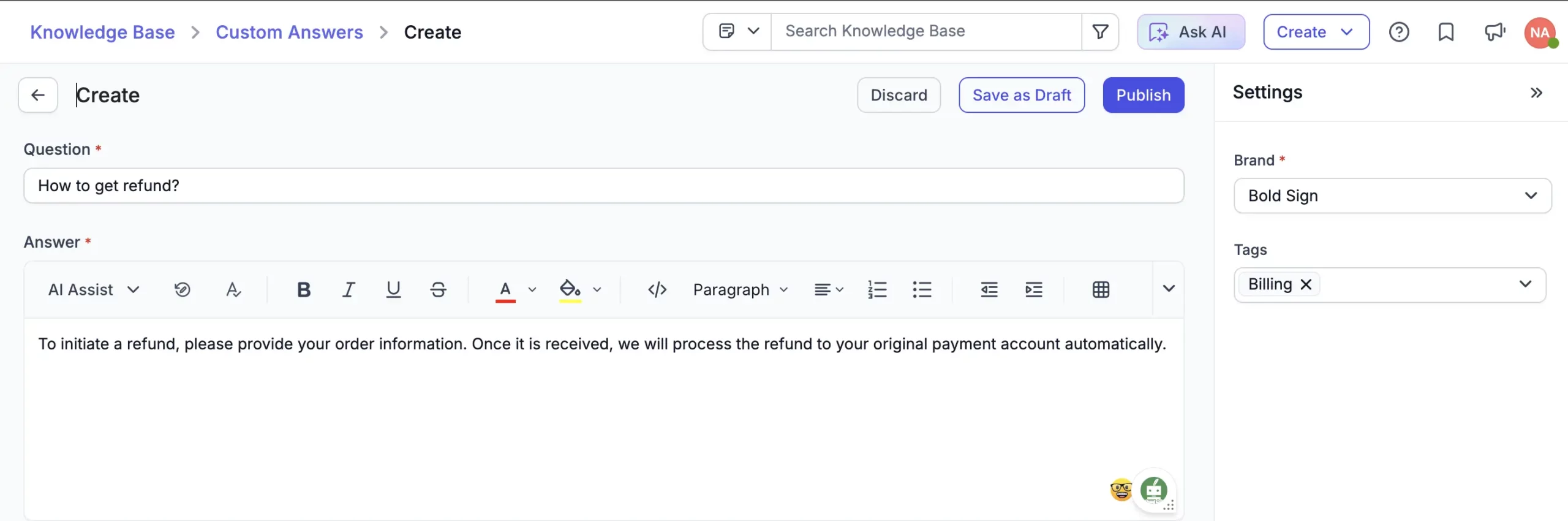 Knowledge base article creation UI focused on refunds, with fields for question, answer, and save or publish options.