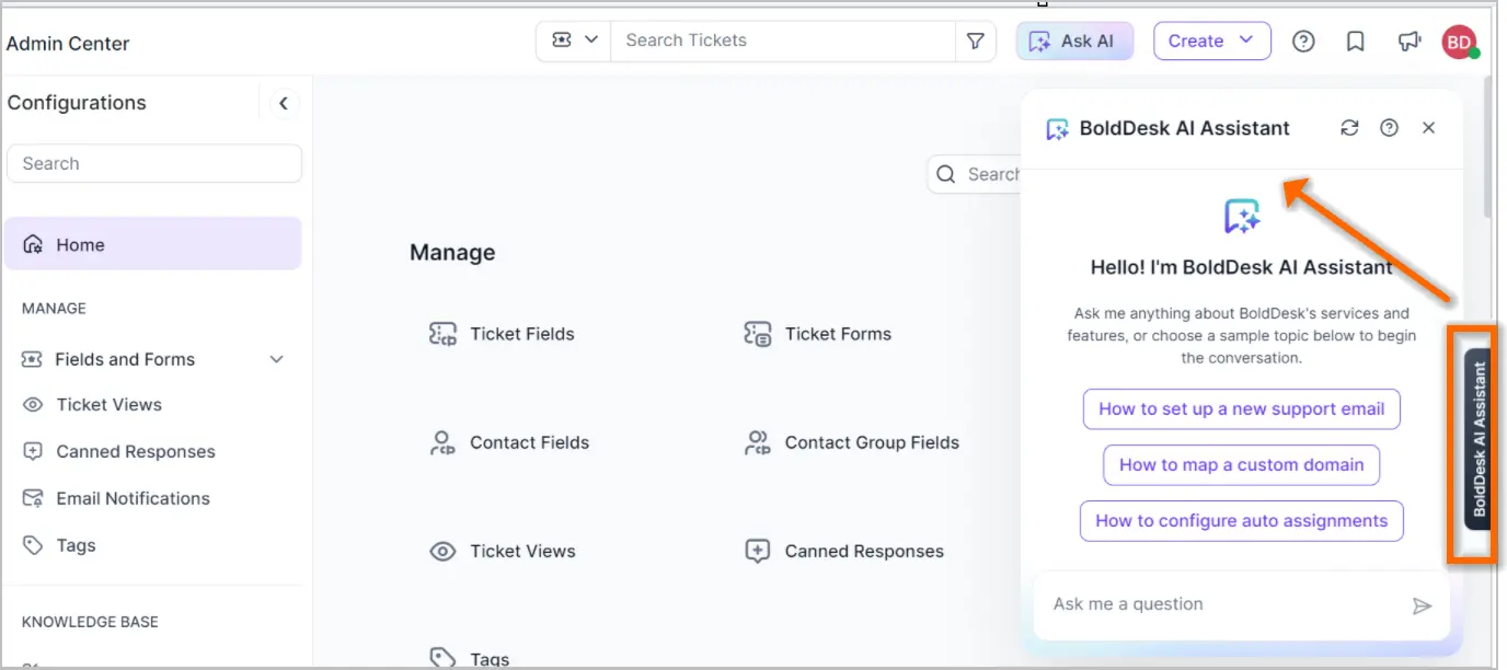 Admin Center interface in BoldDesk with Ticket Fields, Forms, Responses; sidebar AI assistant offers help topic suggestions.