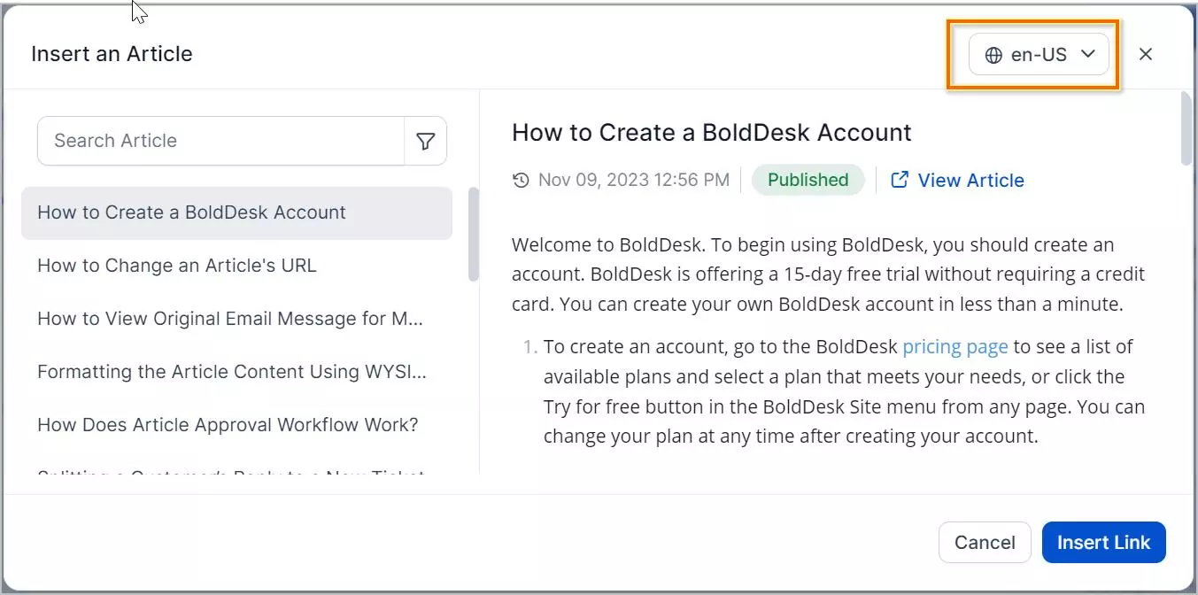 Dialog interface showing article list; “How to Create a BoldDesk Account” selected with publish date and language settings.
