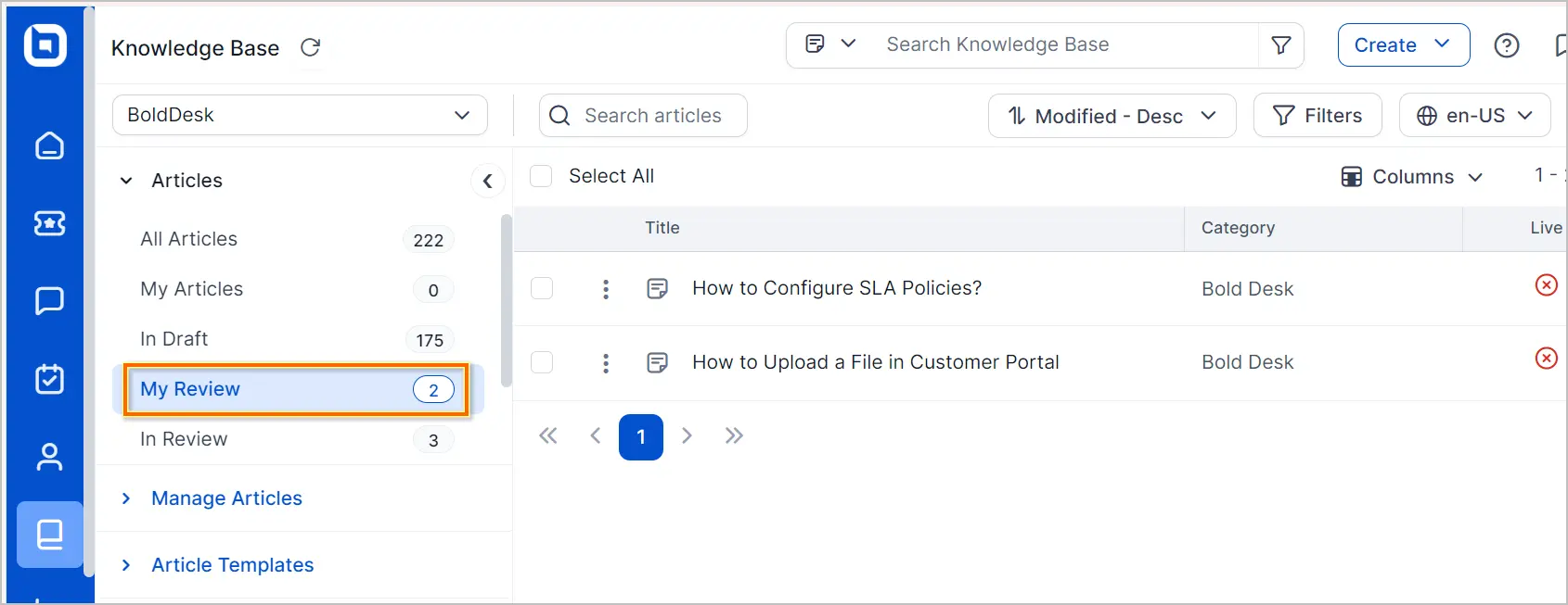 Interface displays “My Review” category with 2 listed articles; sidebar navigation and search bar are clearly visible.