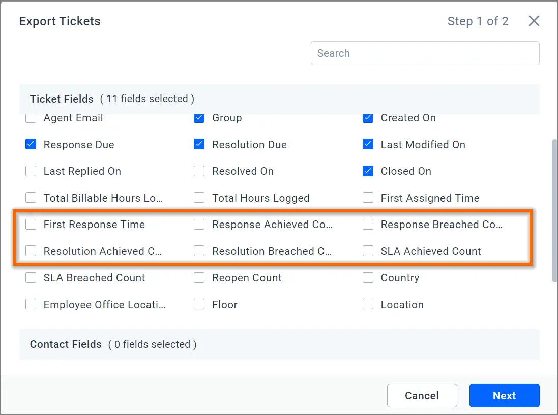 Ticket export interface showing field options; “Response Due” and “Resolution Due” visibly highlighted in orange.