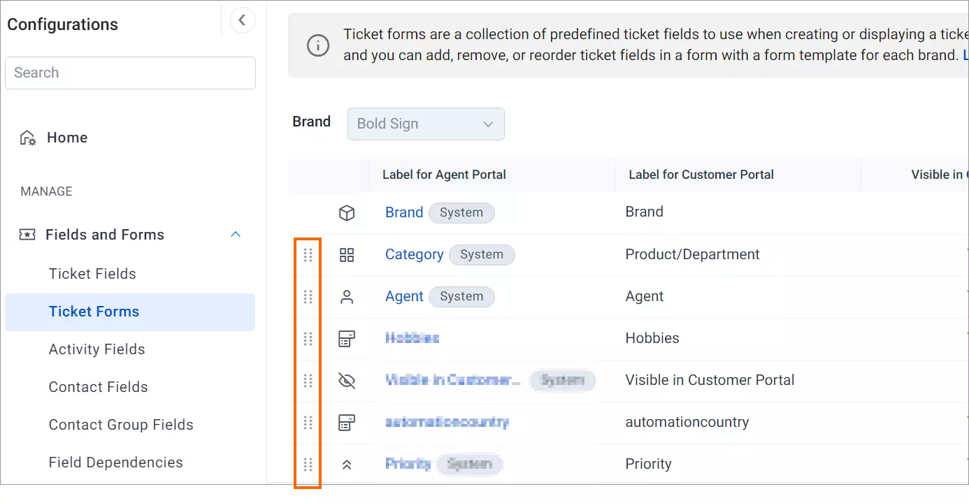 Configuration UI for Ticket Forms with Brand, Category, and Agent options; fields are rearranged using drag handles.