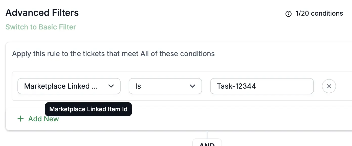 Screenshot of advanced filtering interface; condition uses 'Marketplace Linked Item Id' dropdown set to 'Is Task-12344'.
