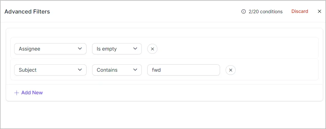Advanced filter config screen with conditions, Assignee is empty and Subject contains “fwd”; streamlined UI is clearly shown.
