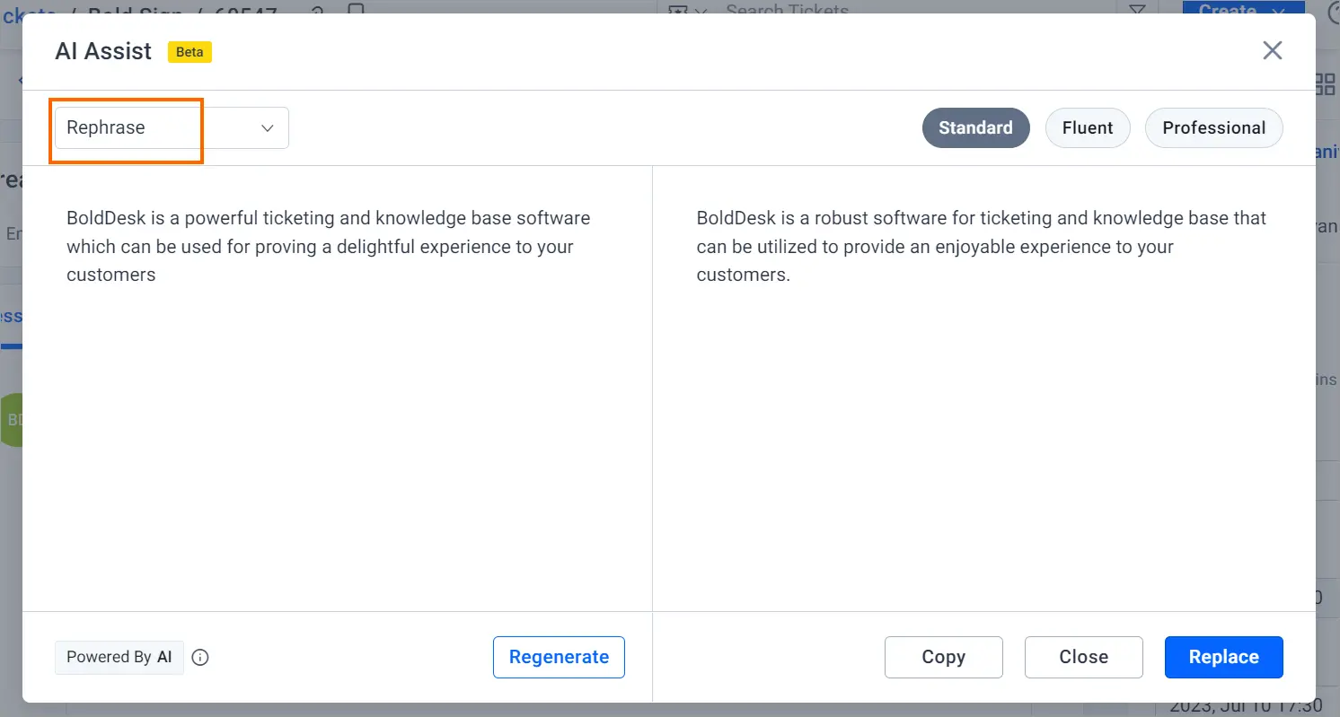 Rephrasing tool interface with original BoldDesk text on the left and rephrased version displayed on the right panel.