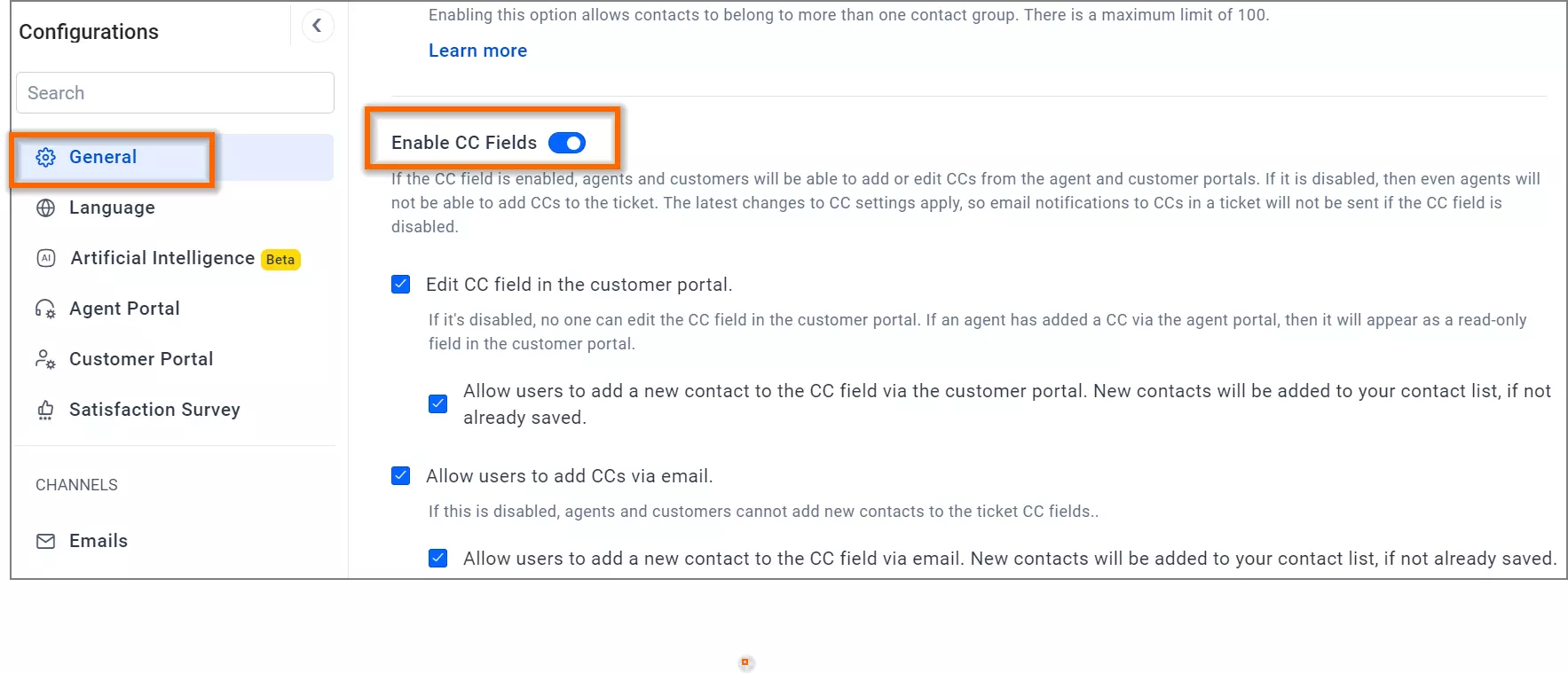 Configuration UI shows email CC field toggle; General settings tab highlighted left, related options shown on the right.