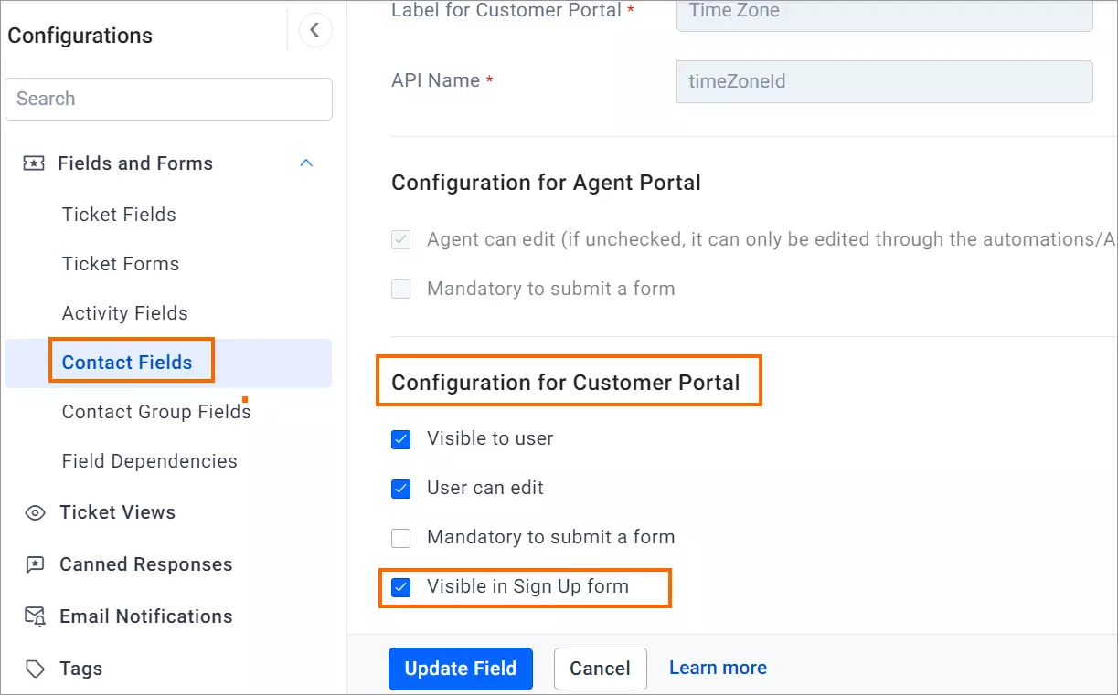 Customer portal config screen showing 'Contact Fields'; options like 'Visible to user' and 'User can edit' are checked.