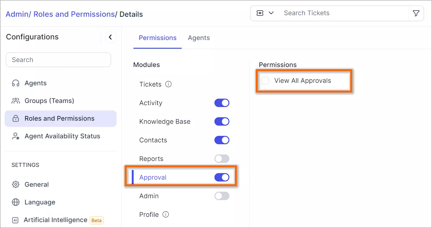 Admin dashboard displays Roles & Permissions with module toggles; Approval is active, 