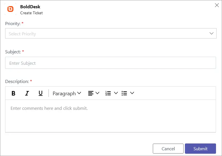 BoldDesk ticket form with priority, subject, description fields; includes formatting tools and submit button for action.
