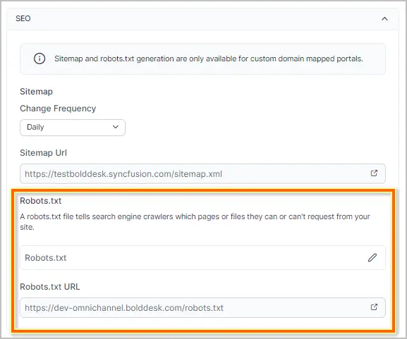Interface showing SEO options for sitemap and robots.txt; daily frequency and URL fields visible.