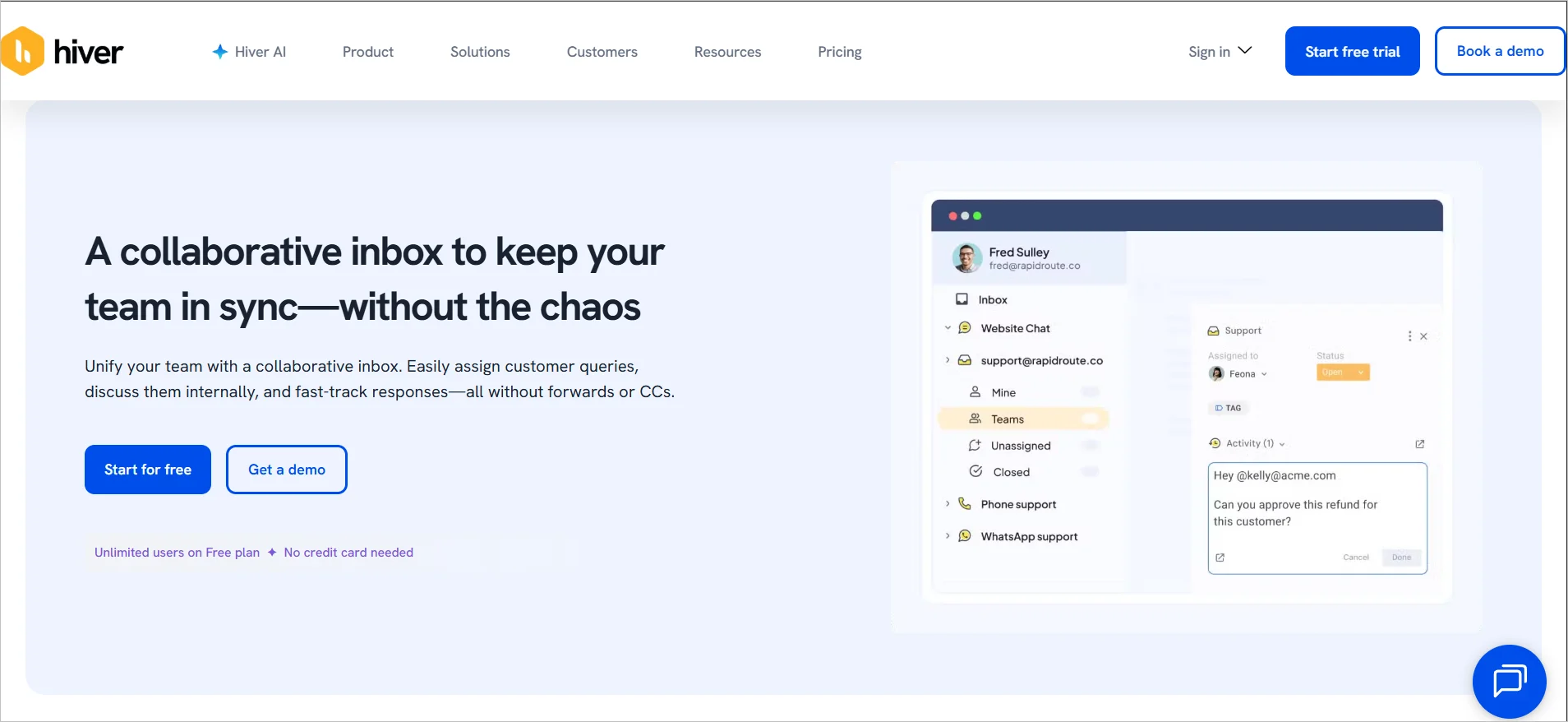 Hiver homepage shows 'A collaborative inbox to keep your team in sync-without the chaos' with email sign-up form, and chat support