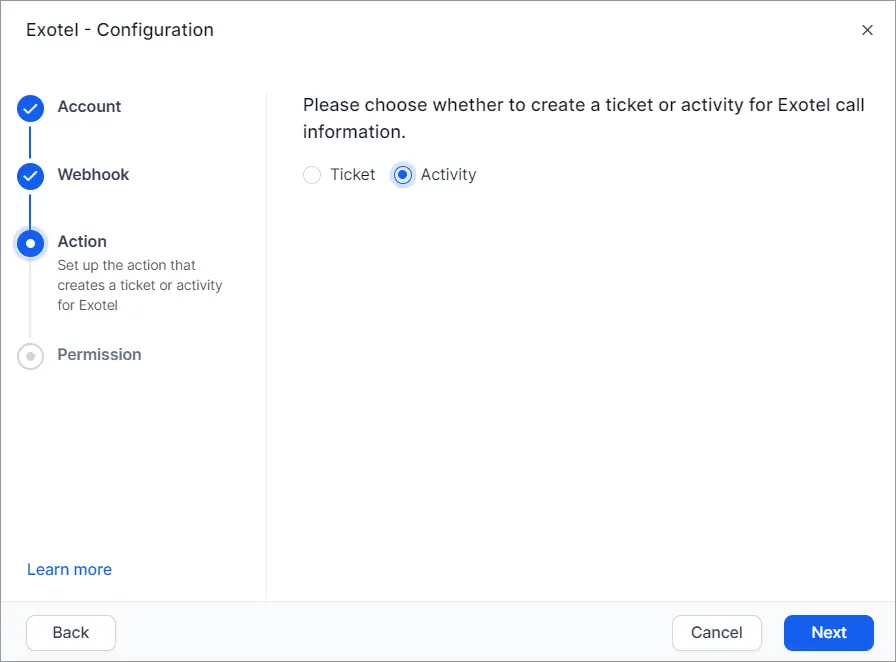 Exotel config screen with ticket/activity options; Action step selected, next is Permission; Cancel and Next buttons shown.