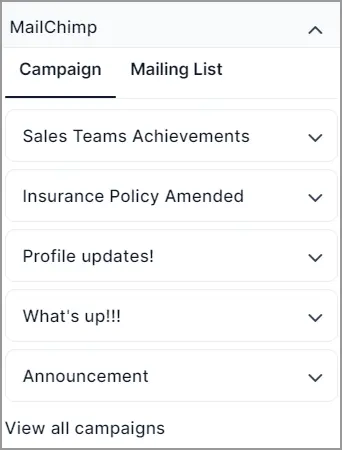 MailChimp UI with Campaign and Mailing List tabs; five campaigns listed, plus option to view all at bottom of list.