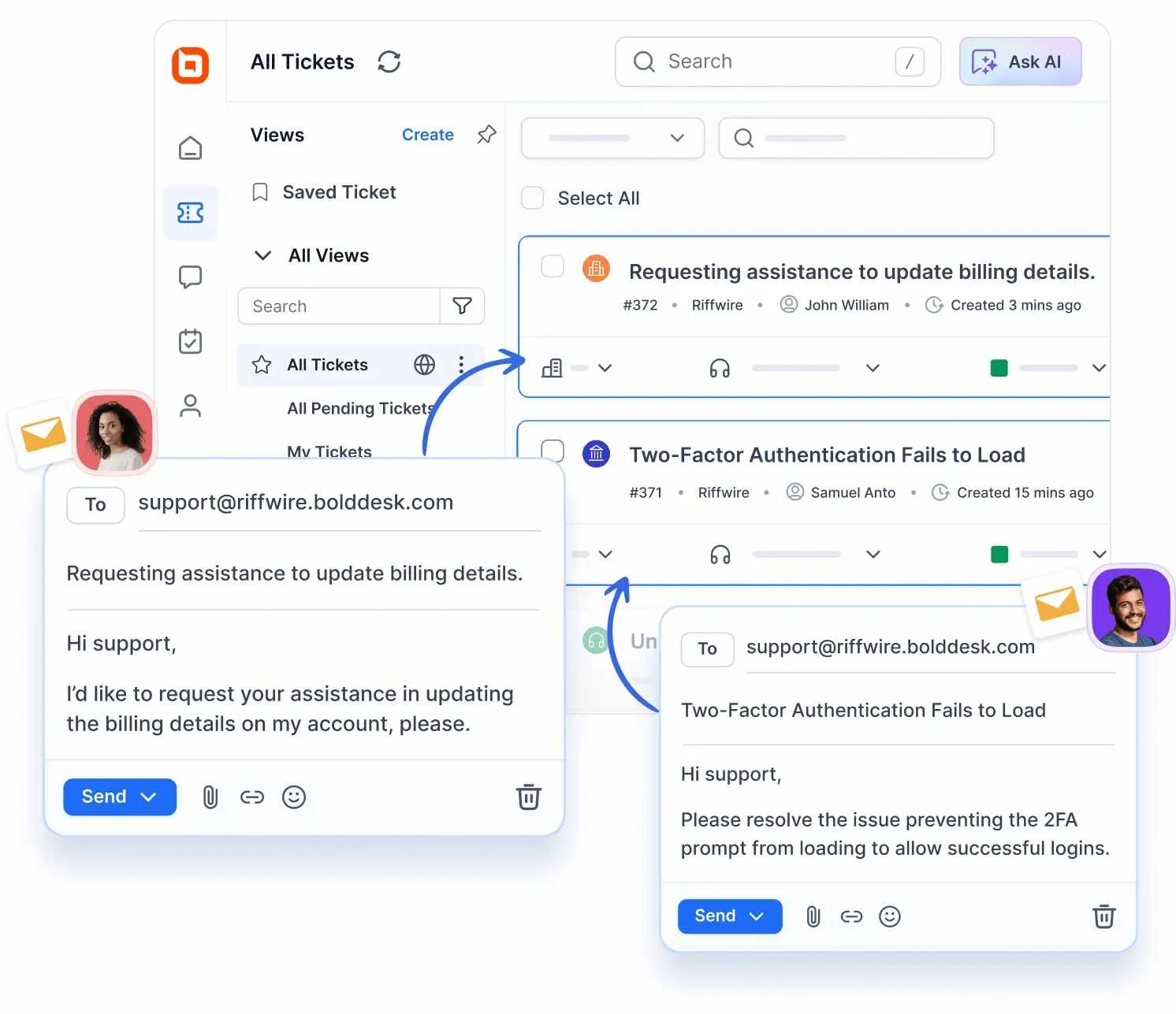 An infographic representation of BoldDesk's shared inbox banner with two support agents assisting a customer through collaboration using @mention