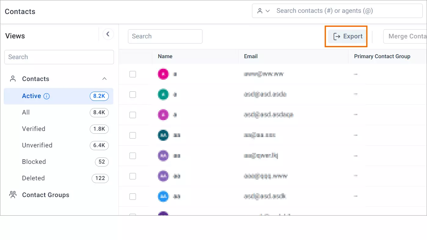Contacts dashboard with Name, Email, Group columns; active contacts highlighted; Export button at top right corner.