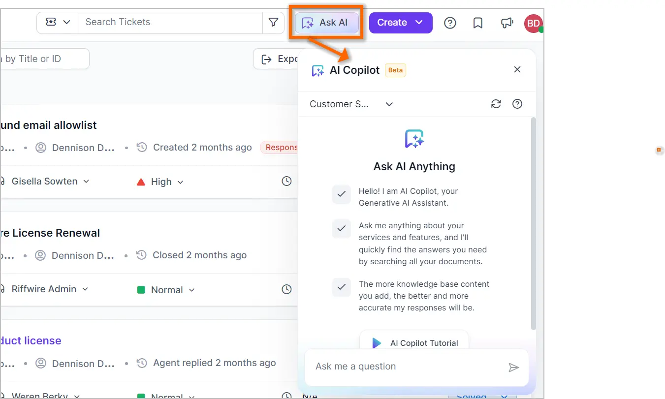 Support system UI showing