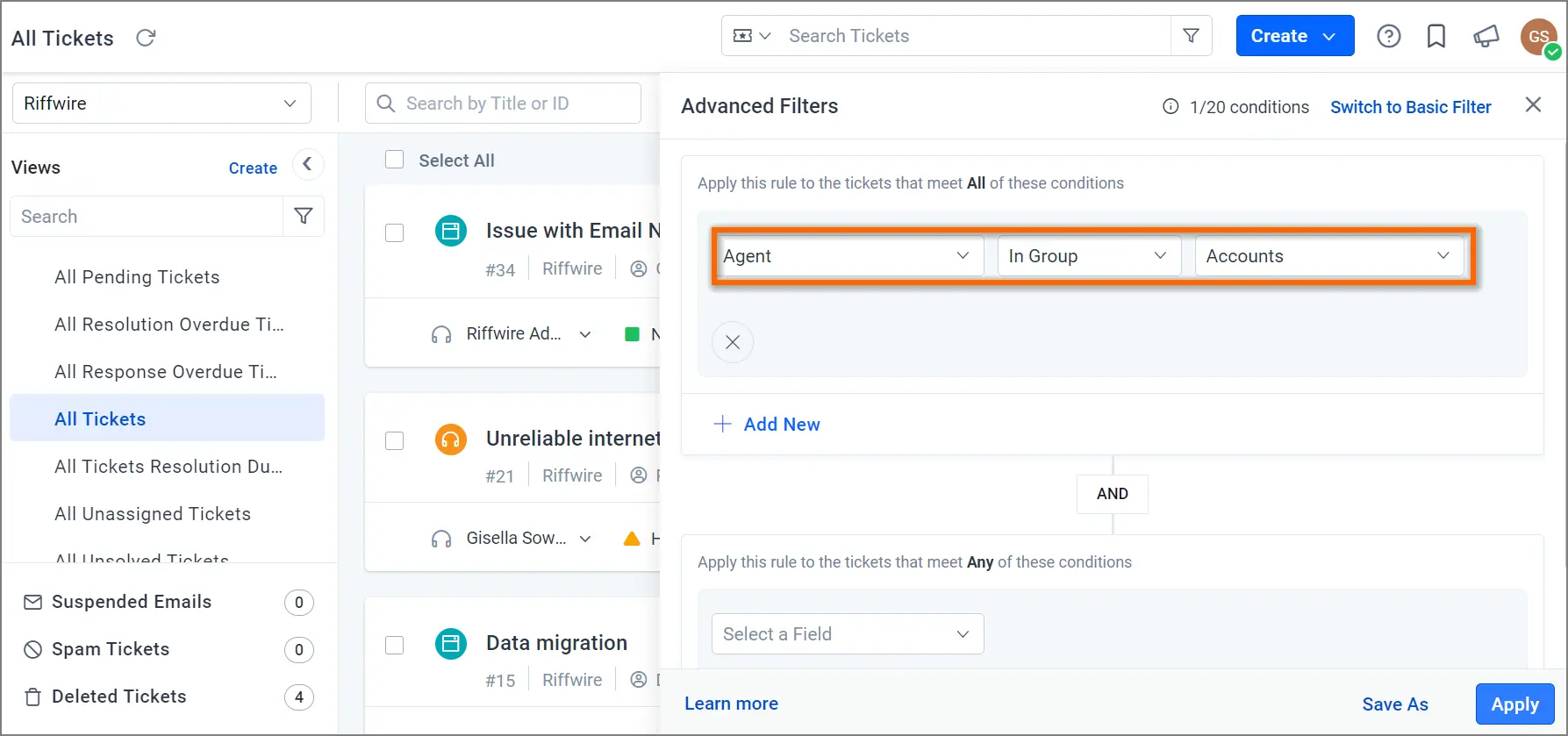 Ticket management UI with advanced filters: Agent, In Group, Accounts; sidebar shows ticket options.