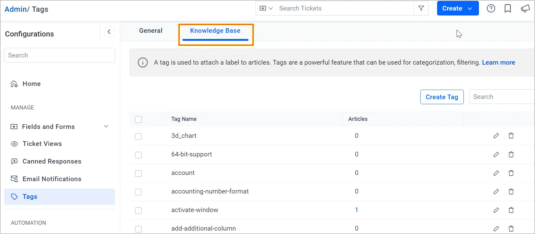 Admin dashboard for tag management; 'Knowledge Base' tab active. Tags like '3d_chart' listed; 'Create Tag' button visible.