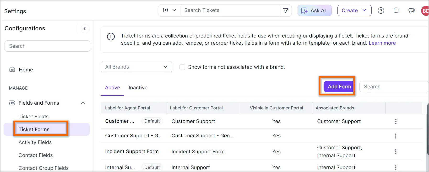 Interface shows ticket form settings with options to view, add forms, link brands; “Ticket Forms” sidebar tab selected.