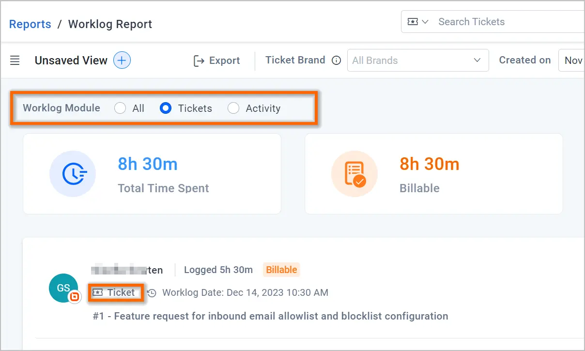 Interface displays worklog report with 8h 30m total and billable time; email config entry logged at 5h 30m on Tickets.