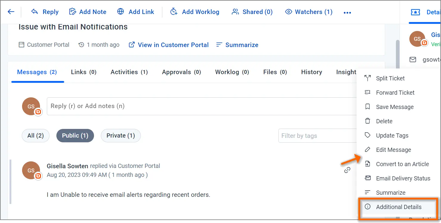 Customer service portal UI with tabs for messages, links, activities; message about email notification issues shown.