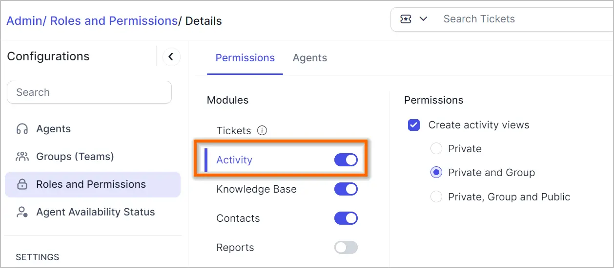 Interface with Roles and Permissions settings; 'Activity' module active, view creation set to Private and Group modes.
