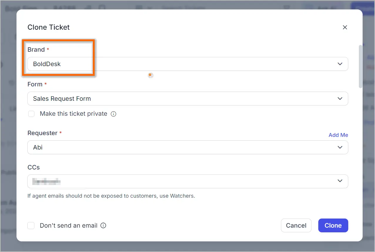 Ticket cloning UI with fields for brand, form, requester, and CCs; dropdown shows “BoldDesk” as the highlighted option.