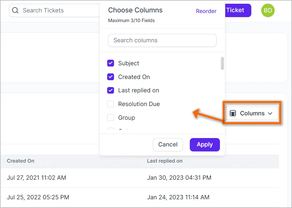 Dropdown menu in ticket management UI showing column selection options: