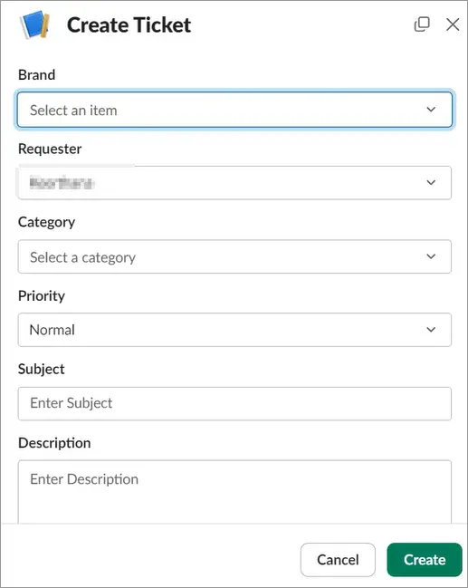 Create Ticket' form with Brand, Category dropdowns; fields for Requester, Priority, Subject, Description, buttons.