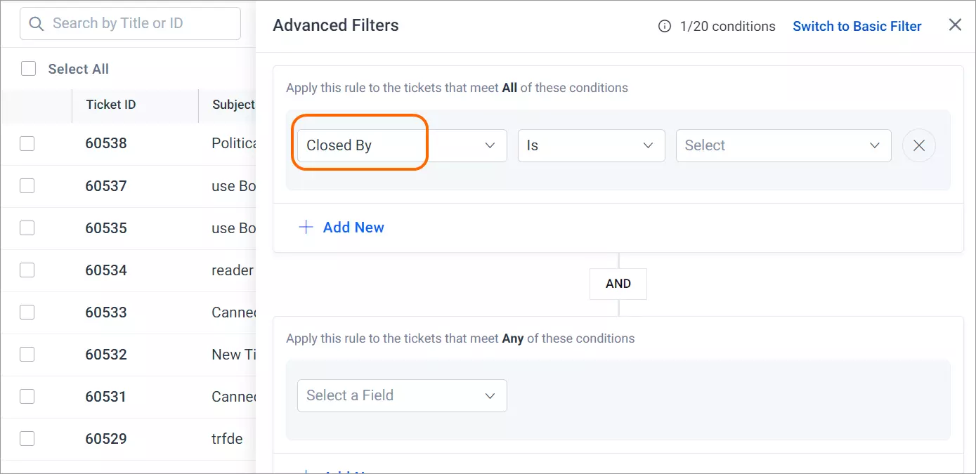 Advanced ticket filter UI with rule for tickets closed by specific user; ticket list left, condition options center screen.