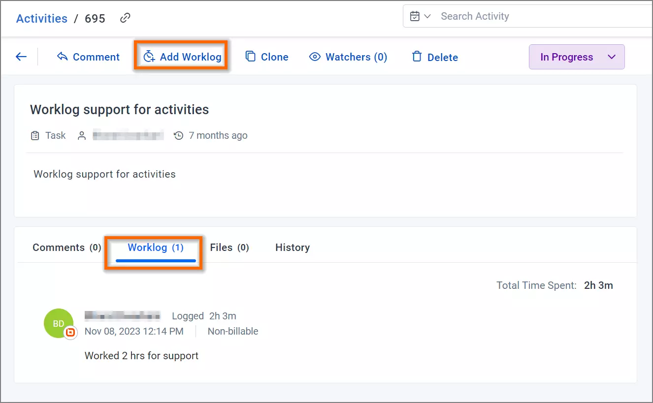 Activity dashboard with “Add Worklog” and “In Progress” status highlighted; support task logged for 2h 3m as non-billable.