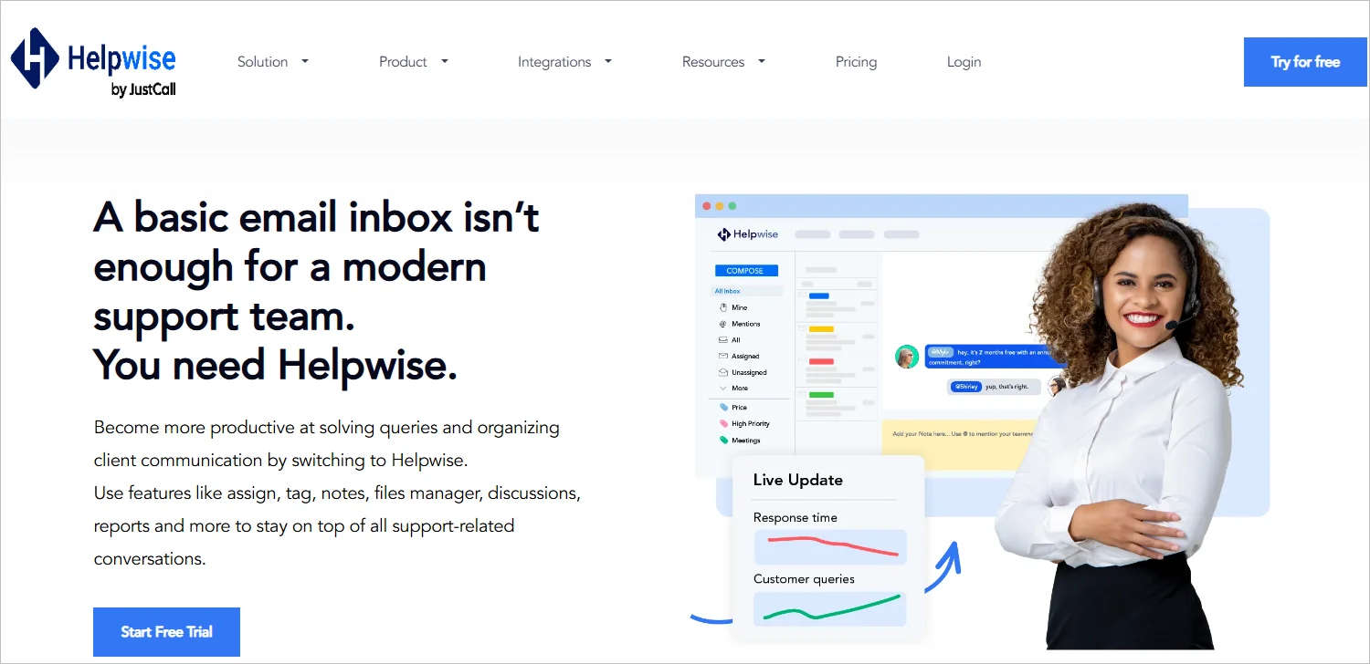 Helpwise webpage with headline 'A basic email inbox isn't enough for a modern team. You need Helpwise' with a smiling woman on the right